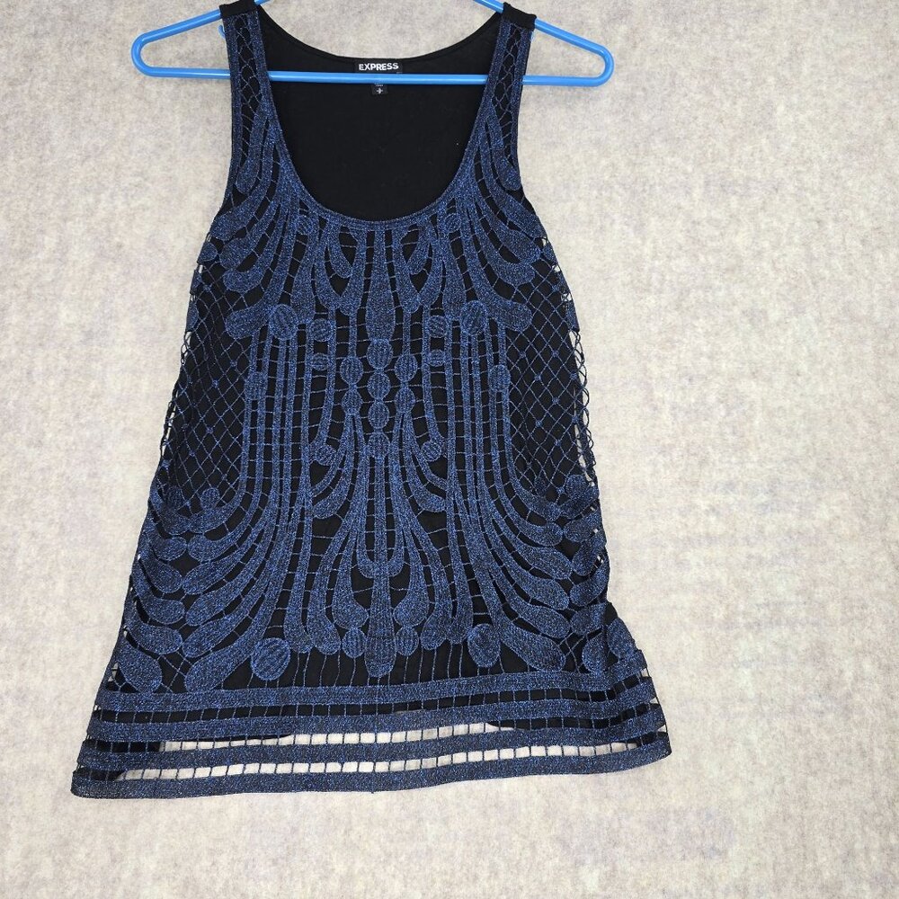 Express Womens Sleeveless Glitter Top Blue Beaded Design With Black Lining Small
